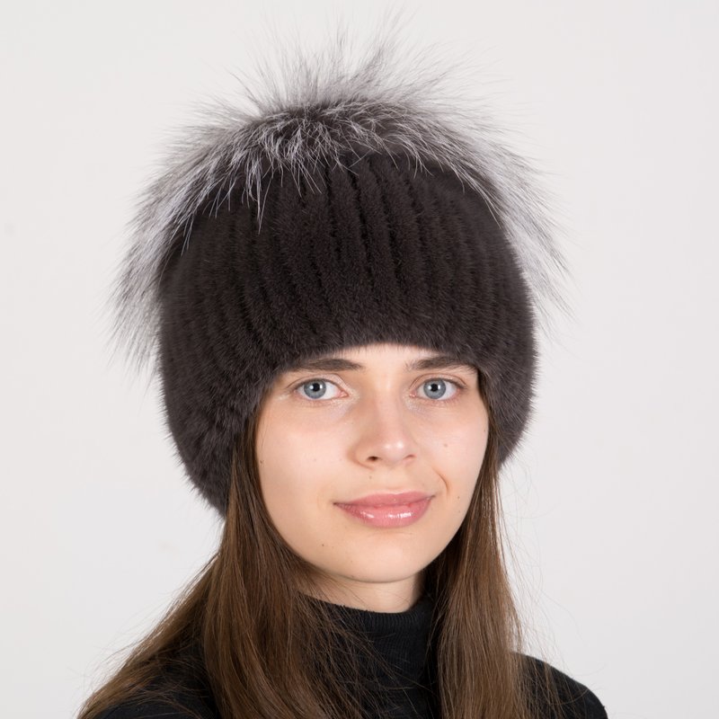 Winter Real Fur Mink Hat With Silver Fox Fur Pompom On Knitted Base For Lady - 帽子 - 羊毛 多色