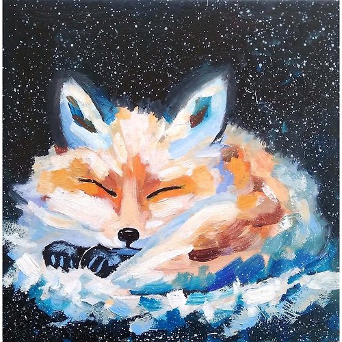 ColoredCatsArt Sleeping Fox Original Painting, Woodland Animal Wall Art, Art Gift Idea. 手工油畫