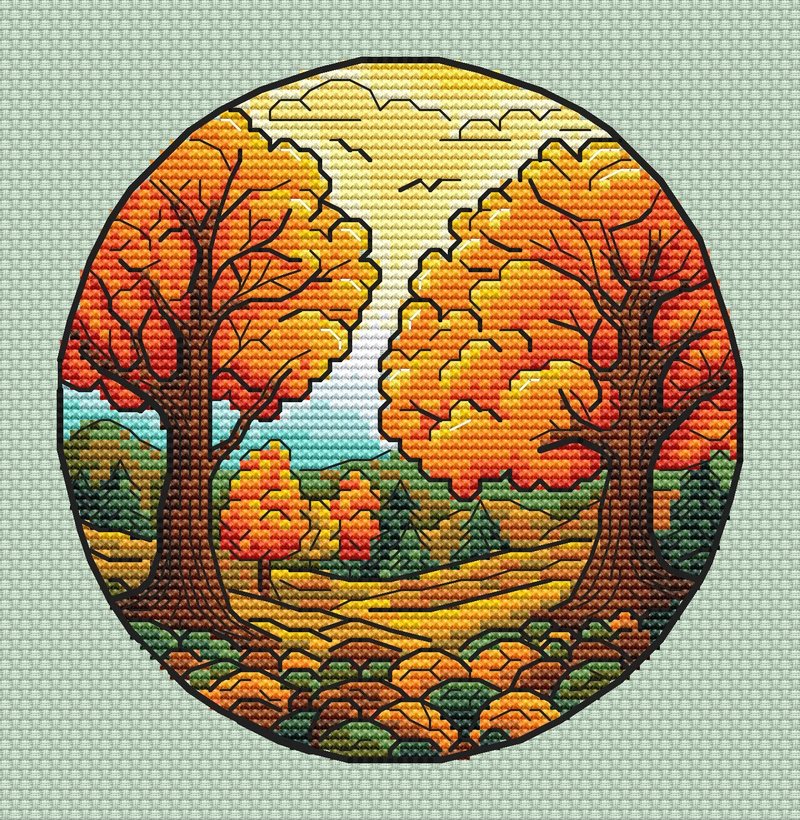 Autumn landscape cross-stitch Pattern ; Golden forest Embroidery Pattern - 手工藝教學/工具書 - 其他材質 