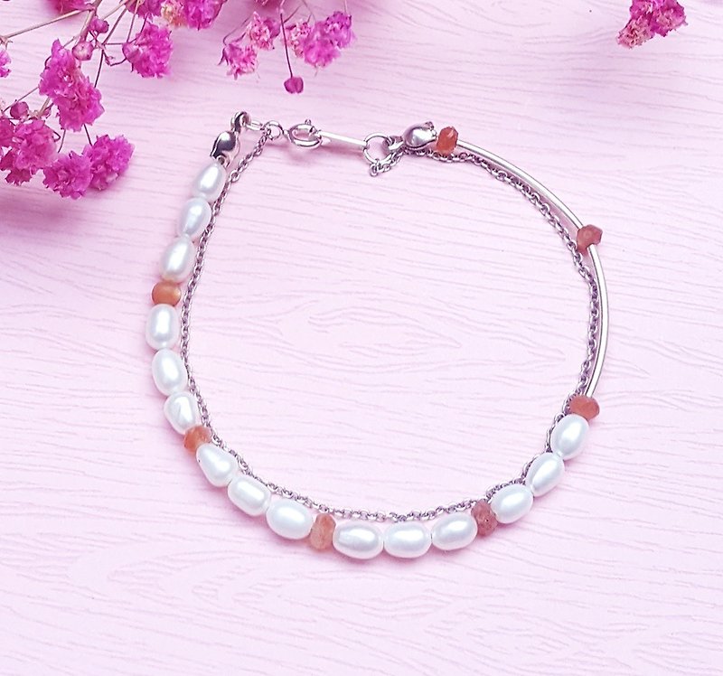 <June Birthstone-Pearl Pearl> Freshwater Pearl x Stone 925 Sterling Silver Double Bracelet - Bracelets - Pearl White