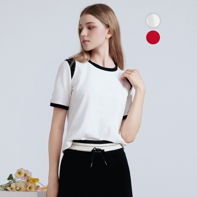 【MEDUSA】時髦拼色鑽飾休閒上衣 - 2色(M-XL) | 女短袖T恤 - 女 T 恤 - 棉．麻 白色