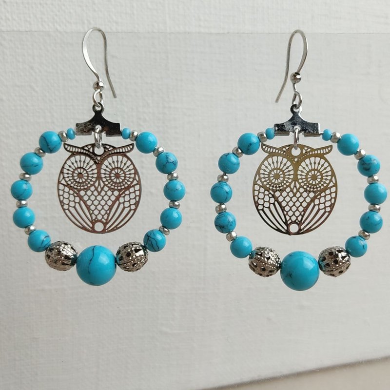 Turquoise ring earrings with owl dangle albinabeadart - ต่างหู - เครื่องเพชรพลอย สีน้ำเงิน