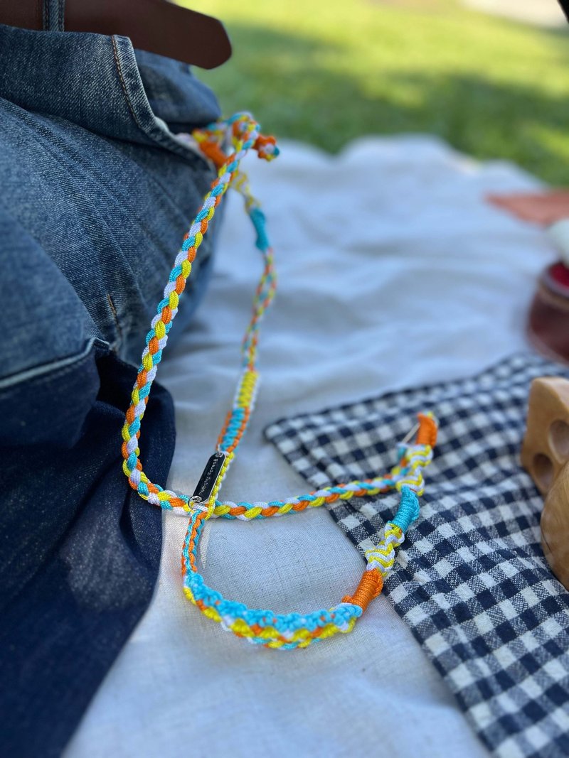 Braided mobile phone lanyard/telephone cord/cross-body strap | Fluorescent color | White, orange and blue - เชือก/สายคล้อง - ผ้าไหม หลากหลายสี