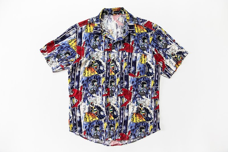 ジャマイカのブルーヴィンテージビンテージの日本風ゼファーシャツゴースト - シャツ メンズ - シルク・絹 ブルー
