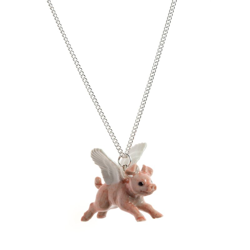 AndMary手繪瓷項鍊-小飛天小豬 Tiny Flying Pig Necklace - 項鍊 - 瓷 白色