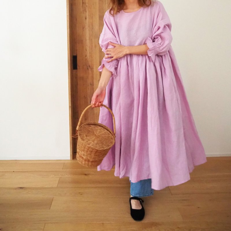 French linen canvas gather one-piece PINK - 洋裝/連身裙 - 棉．麻 粉紅色