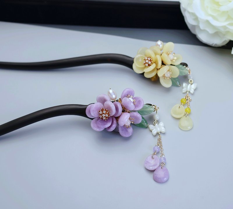 Lemon handmade hair accessories, natural topaz/kunzite, jasmine and ebony wood h - Hair Accessories - Wood Purple