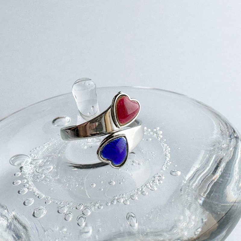 Twin Hearts [Blue & Red] Cloisonne Ring, Pure Silver Cloisonne - General Rings - Other Materials Red