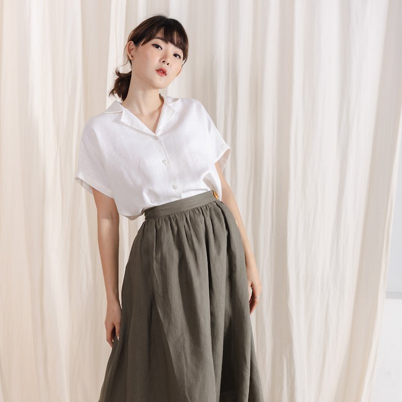 Hawaii Collar Linen Shirt with Back Side Pleated - White - 女襯衫 - 亞麻 白色