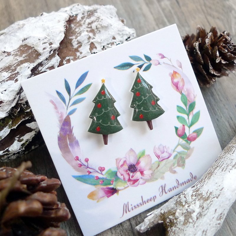 Misssheep- [OH Christmas Series - Green Christmas Tree] Handmade Earrings (Ear / Ear Clip) [One Pair] - ต่างหู - พลาสติก สีเขียว