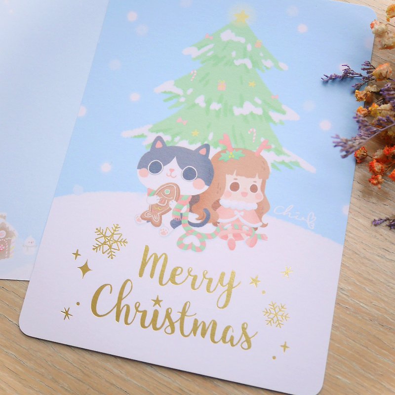 雪のクリスマス金色のクリスマスカード3セット/ ChiaBBイラストはがき - カード・はがき - 紙 ブルー