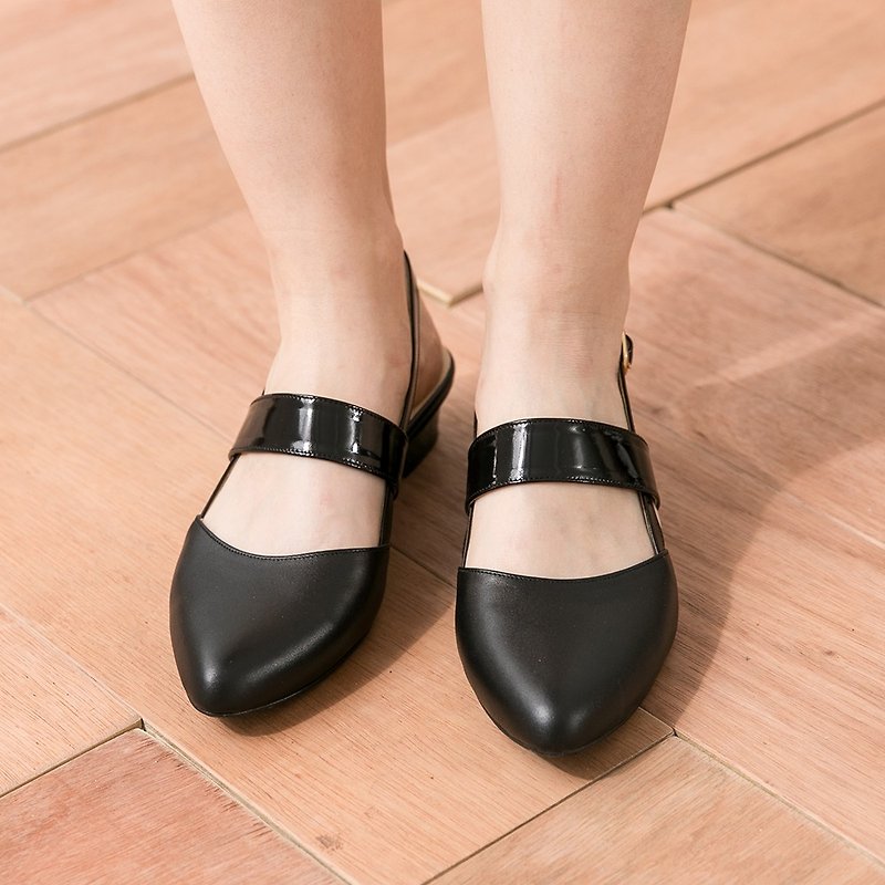 Maffeo 尖頭鞋 低跟鞋 簡約美橫帶尖頭粗跟鞋 靜音天皮(100-7黑色嘉年華) - 高踭鞋 - 真皮 黑色