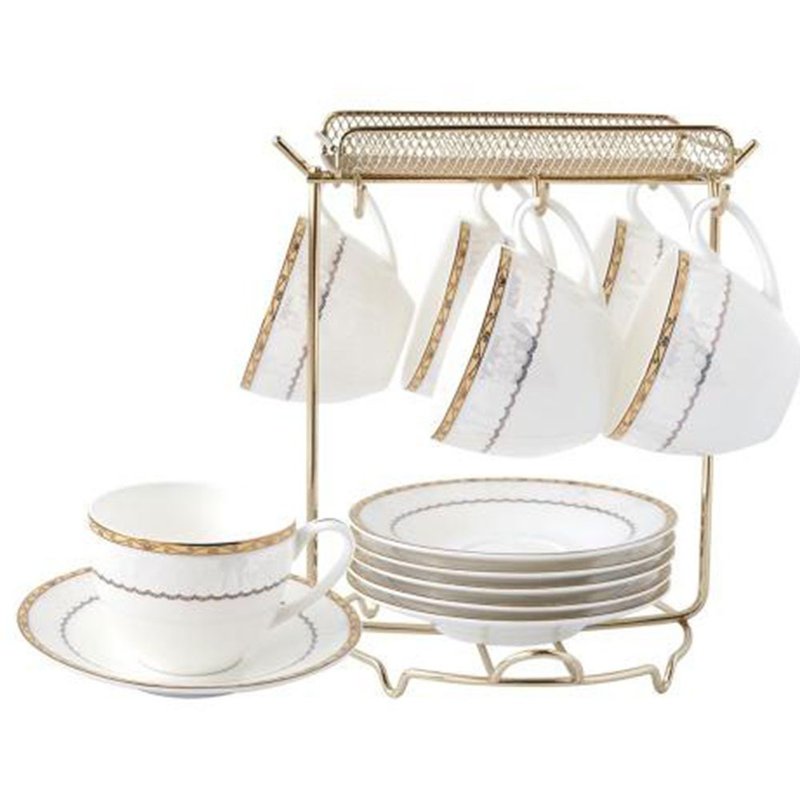 JUST HOME Romantic Diary Bone China Six Cups and Plates Set (With Gold Stand) - Teapots & Teacups - Other Materials White