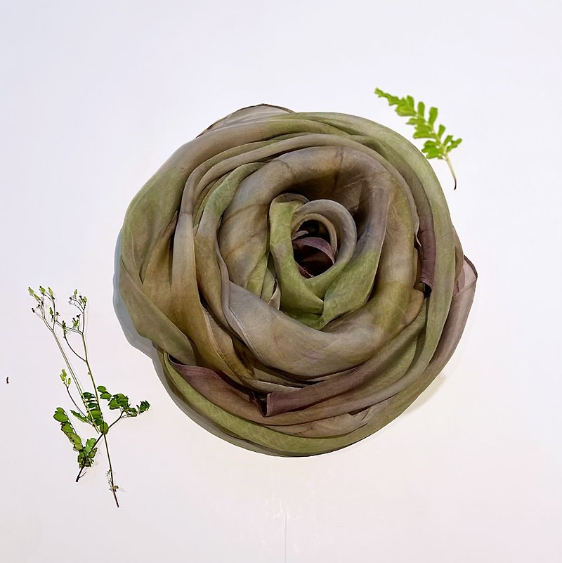 Floral and Leaf Transfer Printed Long Silk Scarf - Spring Morning - ผ้าพันคอ - ผ้าไหม สีเขียว