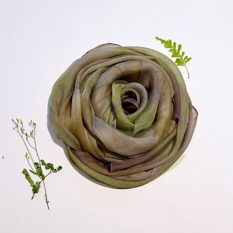 Floral and Leaf Transfer Printed Long Silk Scarf - Spring Morning - Scarves - Silk Green