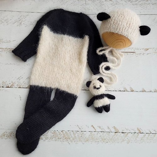 KrisboNewbornProps 熊貓新生兒的帽子套裝。動物嬰兒玩具。針織小熊拍照道具