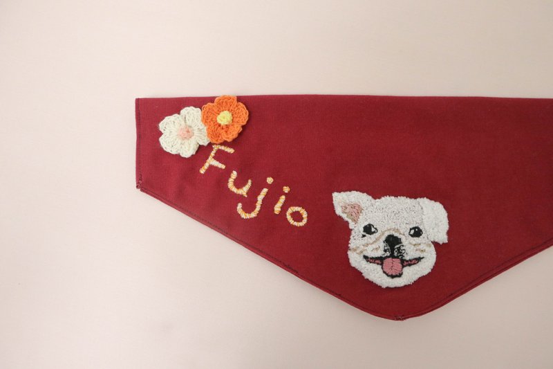 客製化刺繡狗狗名字圍巾 | 法鬥犬, 酒紅色 - 寵物衣服 - 繡線 紅色