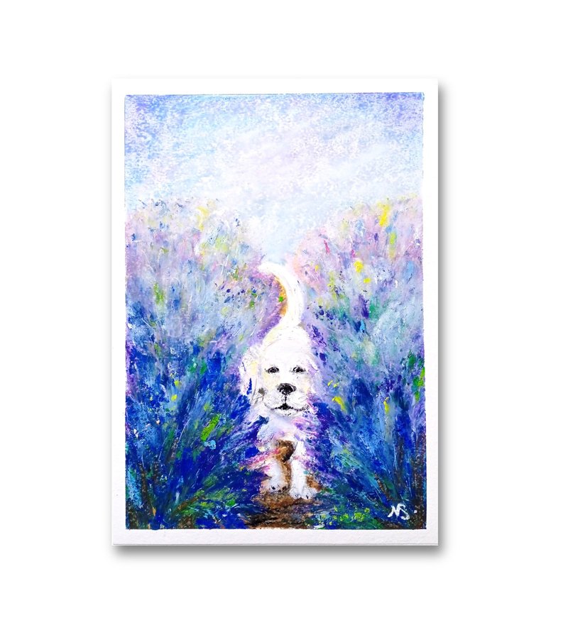 White Labrador Painting Original Dog Wall Art Lavender Puppy Oil Pastel Artwork - ตกแต่งผนัง - กระดาษ หลากหลายสี