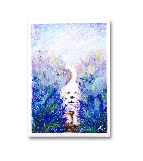 Art by Natali Sasina White Labrador Painting Original Dog Wall Art Lavender Puppy Oil Pastel Artwork