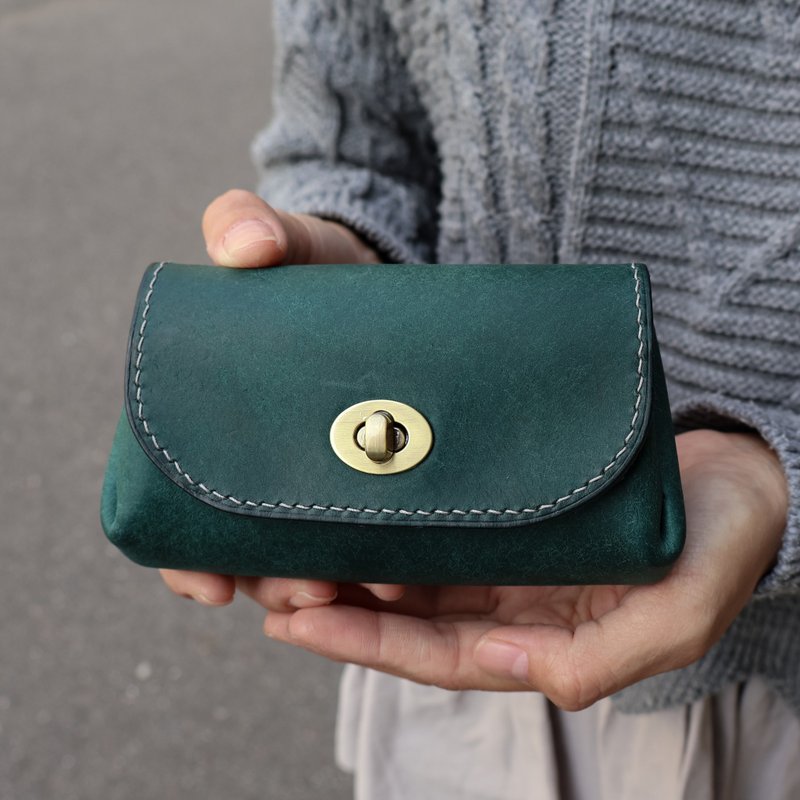 【Queenique】餃子多層ミニバッグ/本革総手縫い/Pueblo植物タンニンなめし革シリーズ - 財布 - 革 ブルー