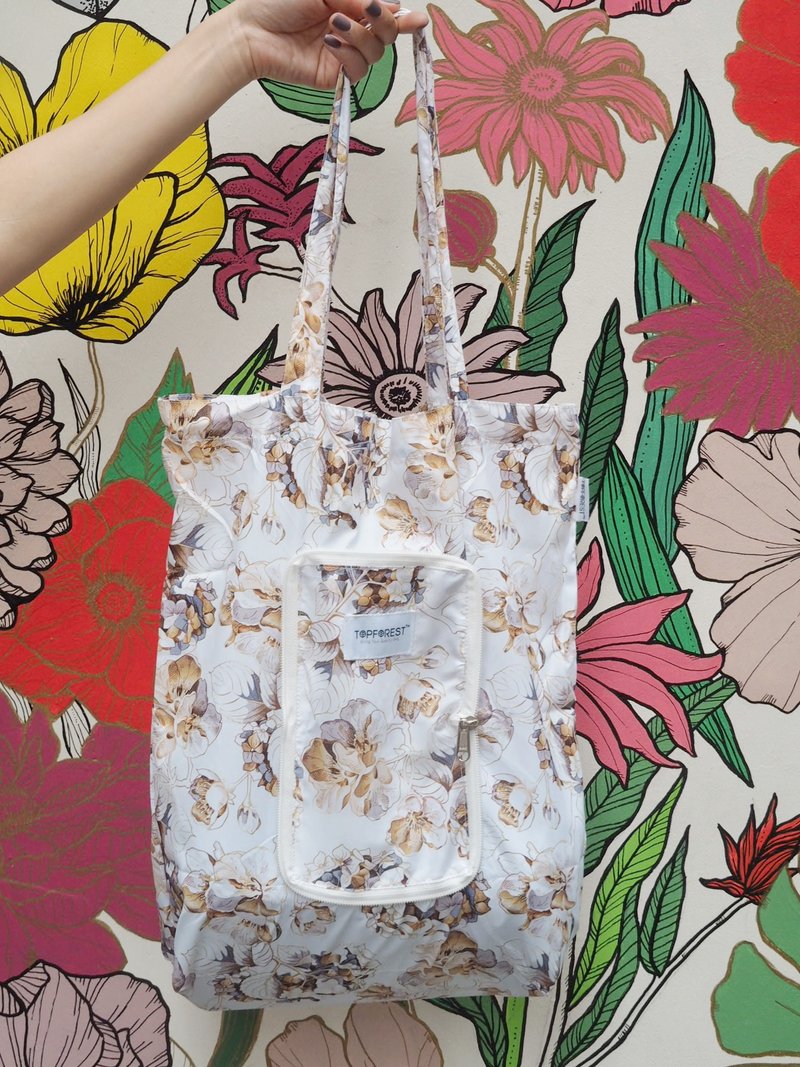 Japanese Fresh Floral Cherry Blossom Foldable Eco-Shopping Bag - กระเป๋าถือ - ไนลอน ขาว