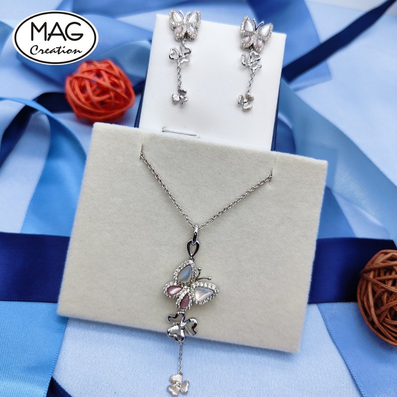 20th Anniversary Combo-18K White Gold Natural Shell Natural Diamond Earrings with Pendant - Earrings & Clip-ons - Precious Metals 