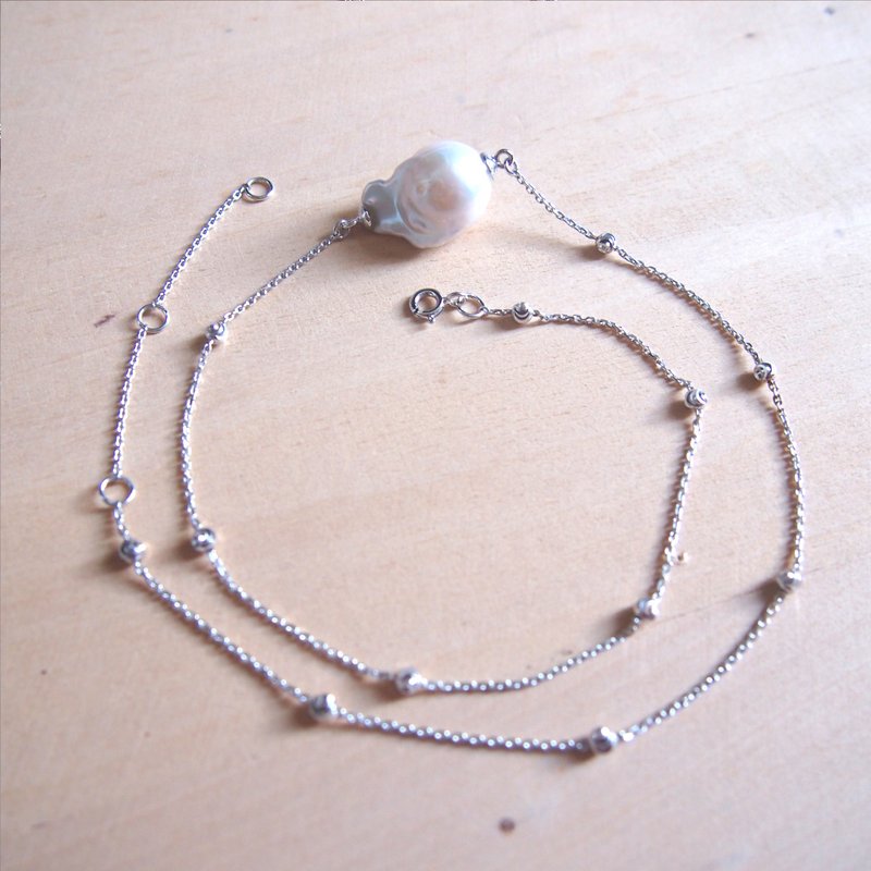 免郵優惠：小禮物【閃。亮】不規則淡水珍珠 配 閃石純銀項鍊 - 頸鏈 - 寶石 白色