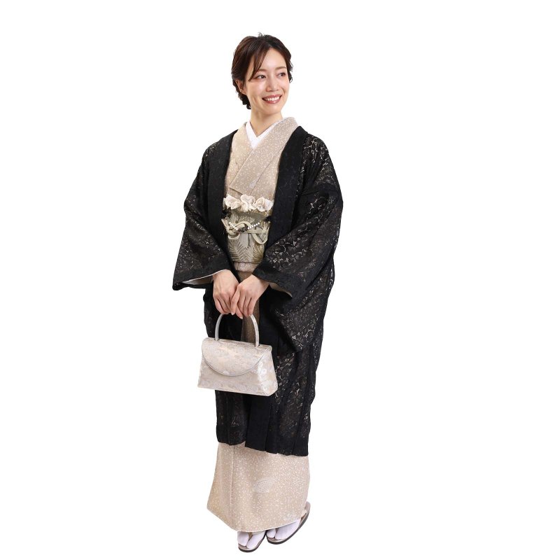 羽織 蕾絲 外套 外罩 和服 Haori F size 單品 黒 - 帽T/大學T - 棉．麻 黑色