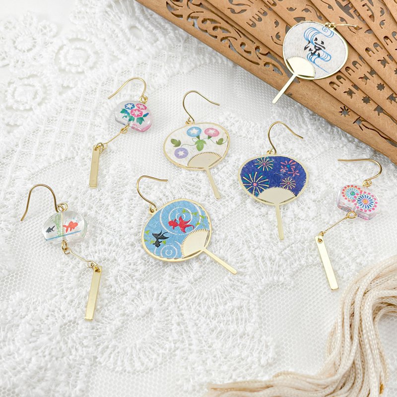 Japan summer festival series /wind bell n fan earrings - ต่างหู - กระดาษ หลากหลายสี