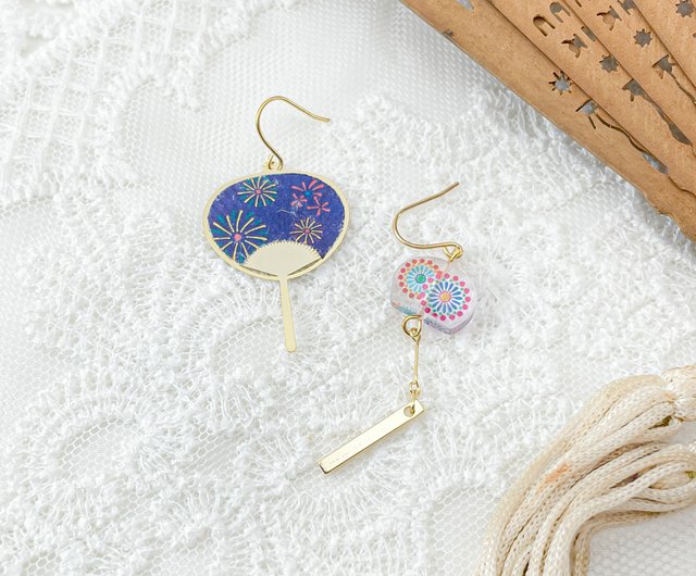 ハンドメイドピアス l和風l扇子風鈴ピアス。非対称デザイン/スチール針/メタル