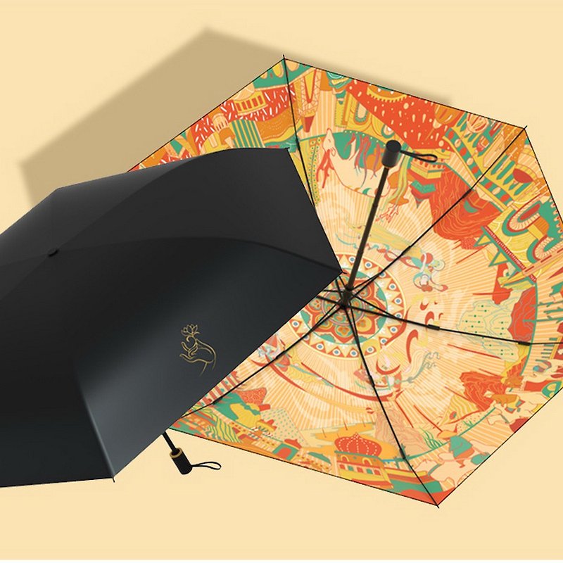 Dunhuang Vientiane Dunhuang Black Plastic Umbrella Sunny and Rainy Dual-use Three-fold Six-Bone Umbrella Stand - ร่ม - วัสดุกันนำ้ สีดำ