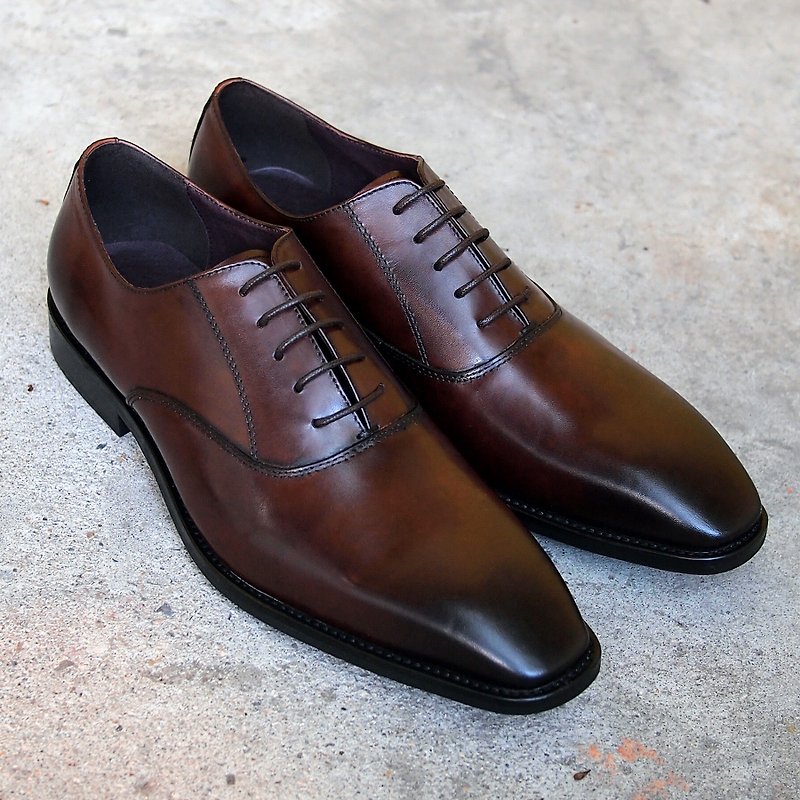 Hand-painted Calfskin Plain Wood Heel Oxford Shoes-Brown-E1A30-89 - รองเท้าอ็อกฟอร์ดผู้ชาย - หนังแท้ สีนำ้ตาล
