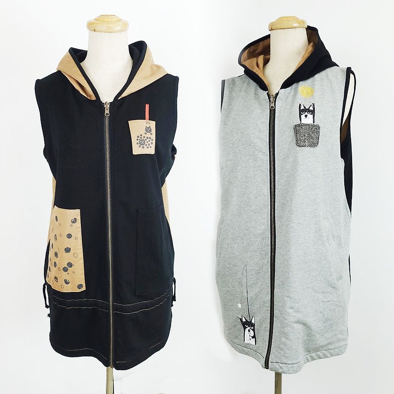 Brown sugar hot milk + wool cat / double-sided vest jacket - เสื้อแจ็คเก็ต - ผ้าฝ้าย/ผ้าลินิน สีดำ