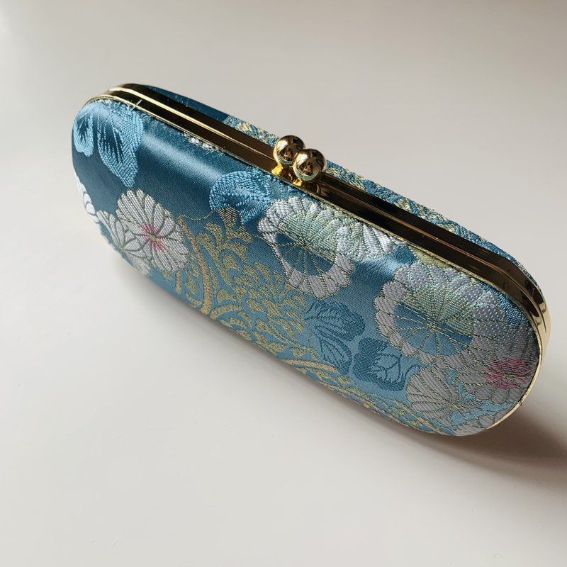 天藍織錦緞和式雛菊眼鏡盒/筆盒/首飾盒 - 鉛筆盒/筆袋 - 棉．麻 藍色