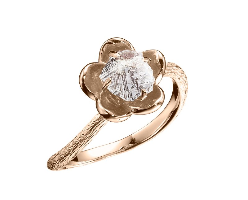 鑽石原石14k金梅花求婚戒指 植物原礦訂婚戒指 立體花朵單石戒指 - 對戒 - 鑽石 金色