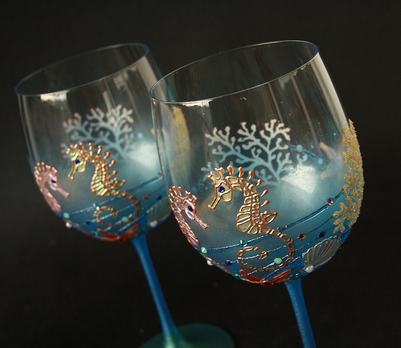 タツノオトシゴグラスクリスタルワイングラスバルーン、キャンドルホルダー、ハンドパイ - ワイングラス・酒器 - ガラス ブルー