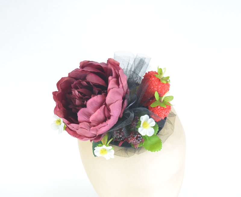 Headpiece Fascinator with Peony Silk Flower, Strawberries and Raspberries - Hair Accessories - Other Materials Red