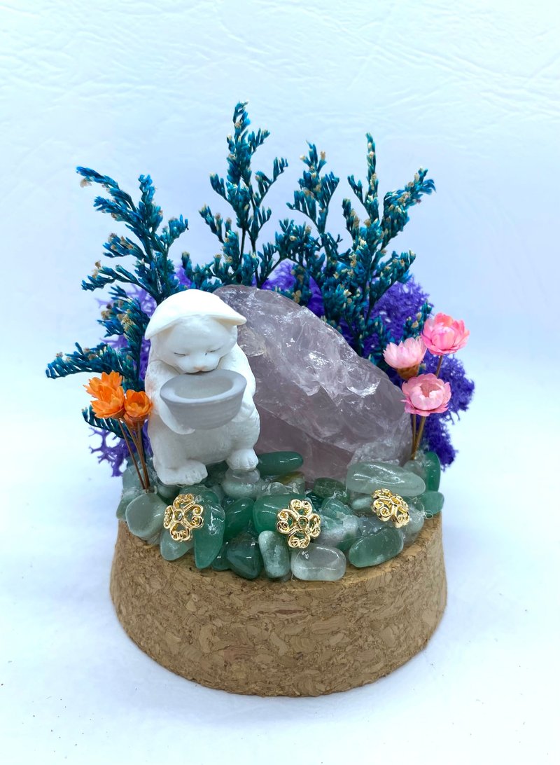 紫色樹林。白貓與粉晶-手工玻璃罩公仔/水晶/乾燥花擺設 - 擺飾/家飾品 - 水晶 