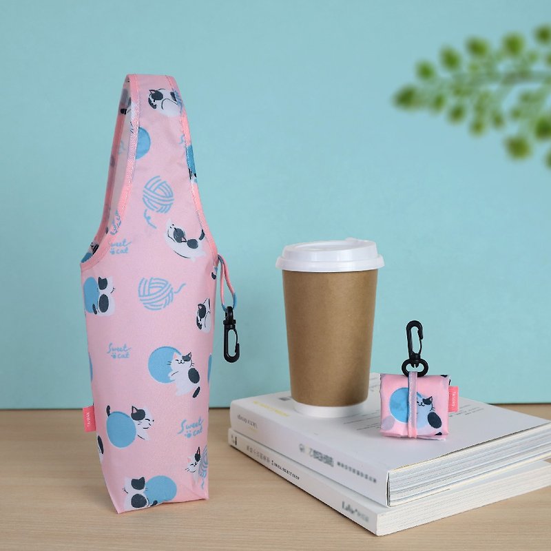 環保飲料袋【袋走-慵懶貓咪】掛勾設計 輕便收納 - 杯袋/飲料提袋 - 聚酯纖維 多色