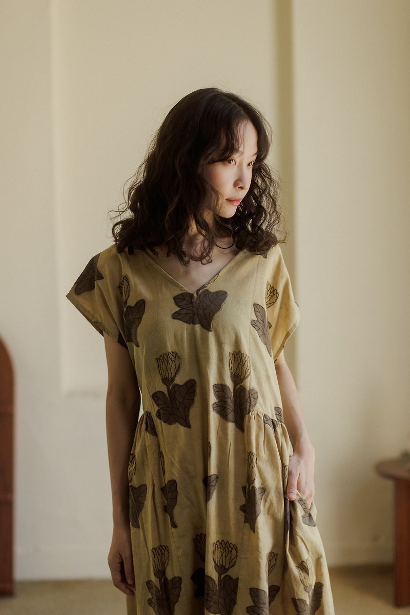 Front and back V-length dress_Earth Flowers - One Piece Dresses - Cotton & Hemp Yellow