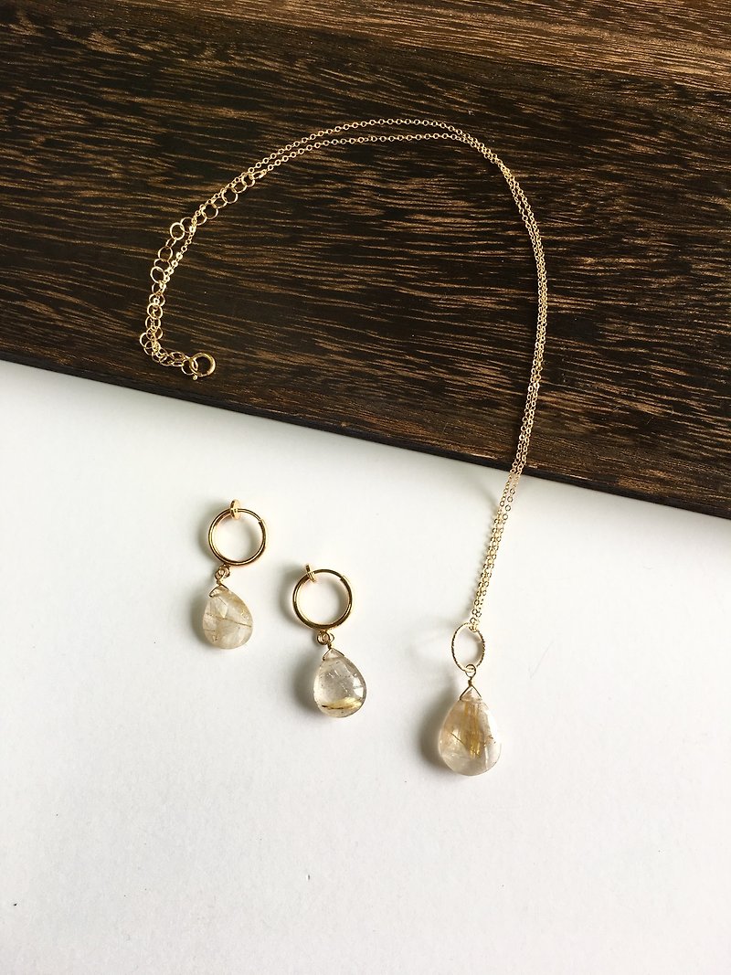 Rutile quartz clip-earring and necklace (surgical steel and 14 kgf) - สร้อยคอ - คริสตัล สีทอง