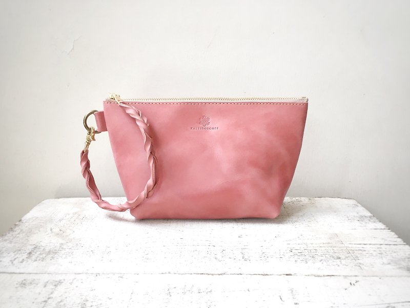 JAPAN Wax Leather Nume Leather Clutch Pouch barco M Pale Pink - Toiletry Bags & Pouches - Genuine Leather Pink