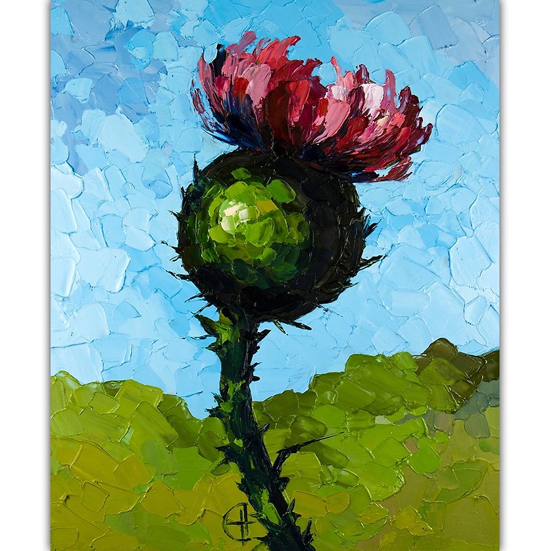 Thistle Painting Flower Original Art Floral Artwork Small Impasto Oil Painting - Posters - Other Materials Green