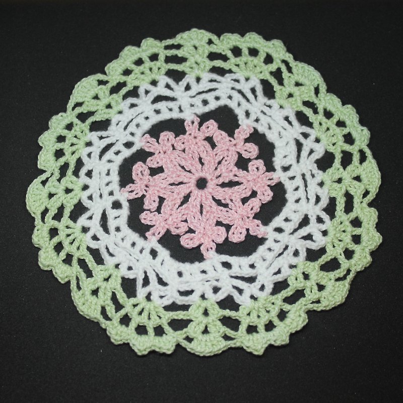 Pink white cyan round coaster Round shaped Coaster hand crocheted - Coasters - Cotton & Hemp Green