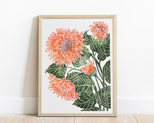 daashart Linocut print Orange green sunflower art Original botanical artwork Nature lover