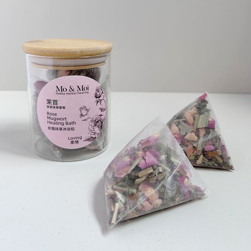 茉苜 Mo & Moi  玫瑰抹草沐浴包 ‧ 簡約竹蓋玻璃瓶 6入 - 香氛/精油/擴香 - 植物．花 粉紅色