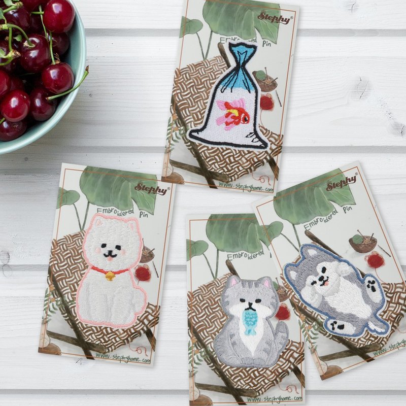 Goody Bag-【胖胖家貓帥氣組合】刺繡胸針,別針 (4入) - 胸針 - 繡線 