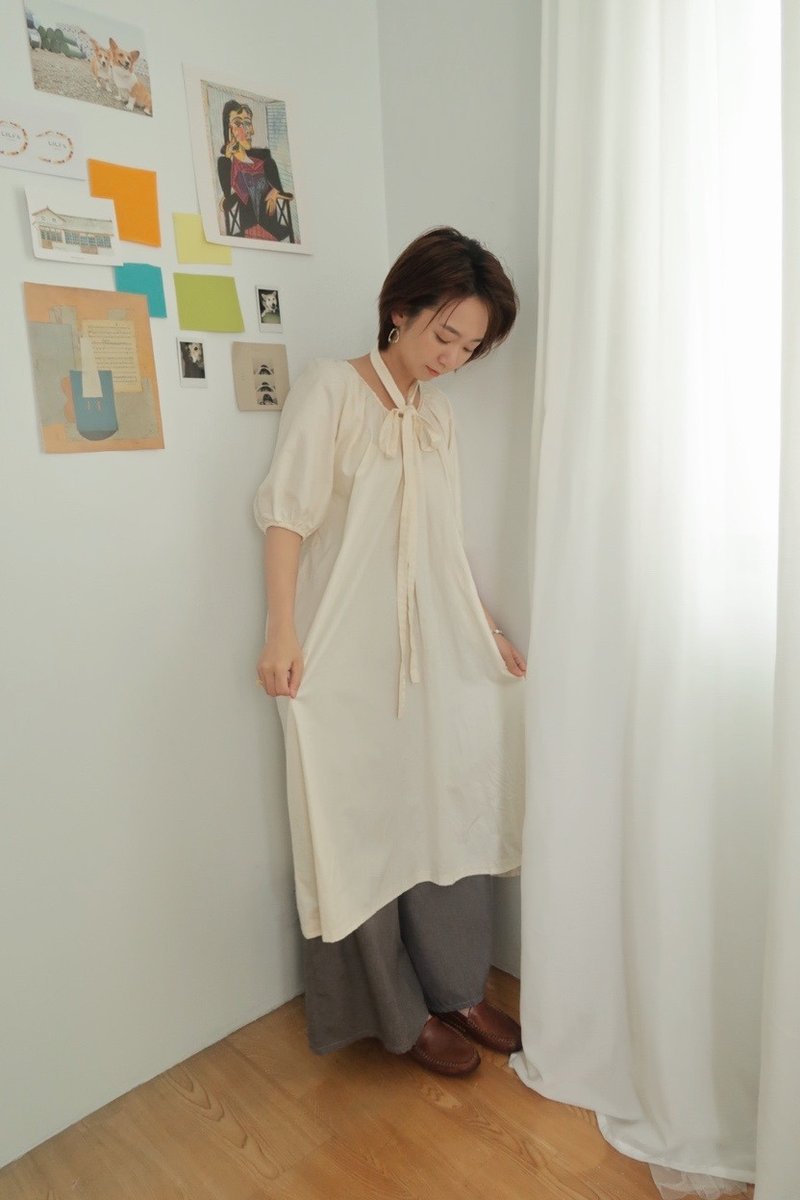 手工純棉蓬蓬袖洋裝 (附綁帶) - 洋裝/連身裙 - 棉．麻 白色