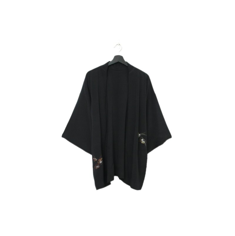 Back to Green-日本黑羽織 枯萎楓葉 彩色 kk-14//vintage kimono - 女大衣/外套 - 絲．絹 