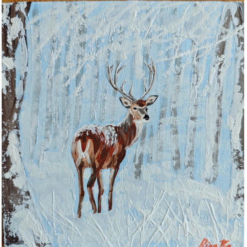 Deer In The Winter Woods Original Art Animal Painting By RinaArtSK - Wall Décor - Other Materials Multicolor